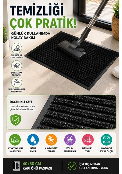 Siyah Dış Mekan 40 X 60 Cm Kapı Önü Paspas Kaydırmaz Taban Nem Alıcı Kir Tutucu Ev Giriş Paspası