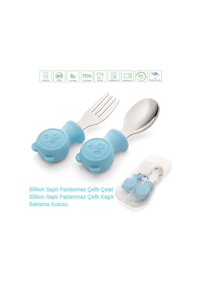 Jojobebek Kaşık Çatal Seti, Ergonomik Kısa Saplı Silikon, Paslanmaz Çelik Uçlu, Saklama Kutulu, (9-24 Ay) (MAVİ)