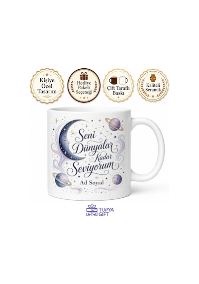 Seni Her Şeyden Çok Seviyorum Dünyalar Kadar Aşk Gök Cisimleri Kupa Bardak Hediye Beyaz / Çok Renkli