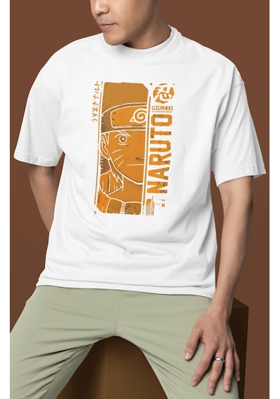 Tasarım Naruto Uzumaki Baskılı Unisex Oversize Naruto Anime Dizi Beyaz