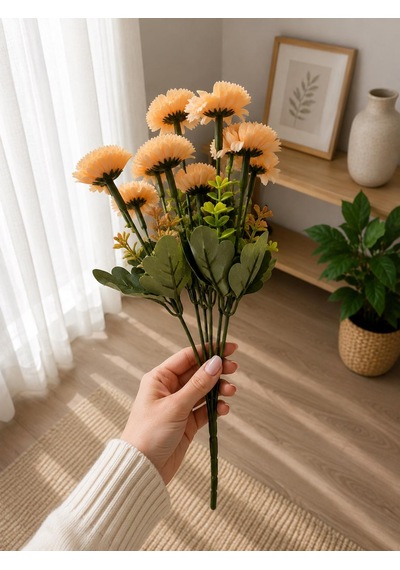 Yapay Gerbera Çiçek Demeti Şeftali Renk Dekoratif Vazo Çiçeği Ev Ofis Salon Süsü 41 Cm