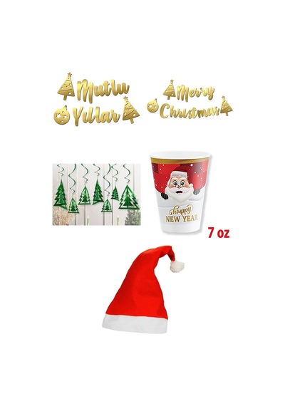 Yılbaşı Parti Süsleme Seti - Mutlu Yıllar Ve Merry Christmas Banner, 3d Tavan Süsü, Şapka Ve Bardak