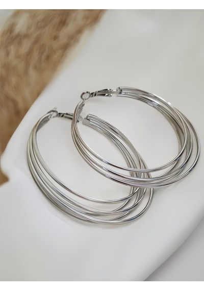 Katmanlı Halka İnterlock Hoop Gümüş Renk Küpe 6cm Silver