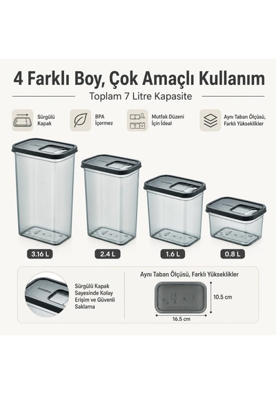 Lexroo Kayar Kapaklı Saklama Kabı Seti, 7 Litre, 4 Farklı Boyut, Kapağı Kaydır Kolayca Dök Kullan Çok Renkli