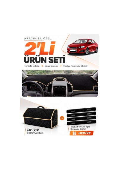 Chevrolet Aveo T300 2011-2015 Uyumlu Torpido Örtüsü + Tay Tüyü Bagaj Çantası Seti - Siyah Bej