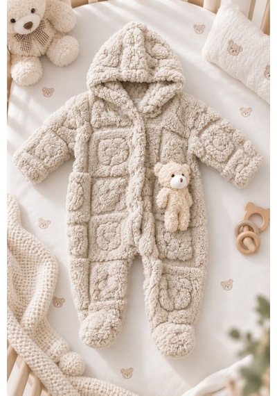 Kız Erkek Bebek Tavşan Ve Ayı Oyuncaklı Peluş Tulum Tlm0301 Bej
