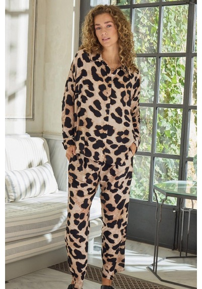 Gizzey Kadın Uzun Kol Önden Düğmeli Leopar Pijama Takım C7t0n112 001