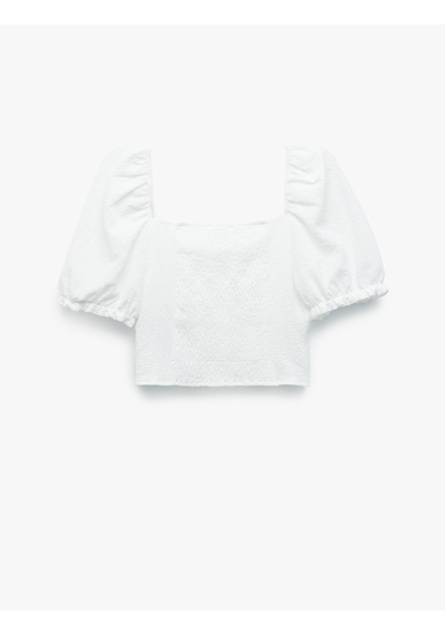Koton Gipeli Poplin Balon Kol Dantel Detaylı Crop Bluz Ekru 5sal60018ıw Ekru