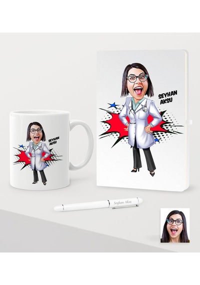 Kişiye Özel Bayan Doktor Karikatürlü Beyaz Defter Kalem Kupa Seti