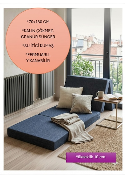 Sergama 180x70 X 10 Cm Ultra Kalın Sünger Su İtici Kumas Katlanabilir Fermuarlı Yıkanabilir Minder Antrasit