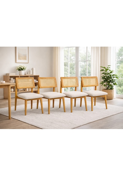 Hasır Sandalye İskandinav Tasarım 4 Lü Set Meşe