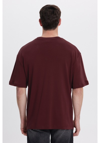 Tudors Unisex Oversize Geniş Kesim %100 Pamuk Yumuşak Dokulu Basic Bisiklet Yaka Bordo Tişört-40053 Bordo