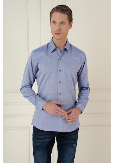 Efor Slim Fit %100 Pamuk Uzun Kol Dokulu Klasik İndigo Gömlek Gk 749 Indigo