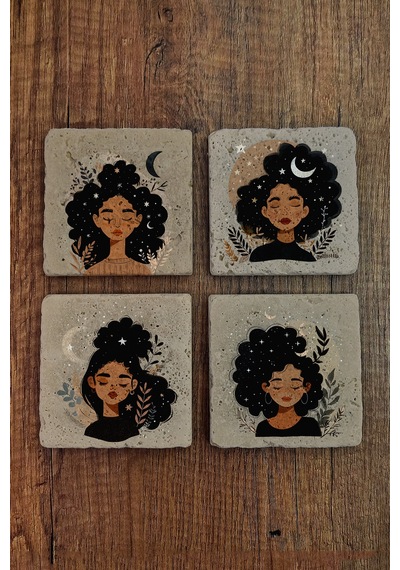 Doğal Taş Bardak Altlığı Ayçiçeği Kadınları Temalı 10x10cm- Stone Coasters Çok Renkli