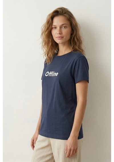 Elemge %100 Pamuk Süprem Pijama Üstü T-shirt Compact Penye Kadın Regular Fit Lacivert Kısa Kol Offline Bask
