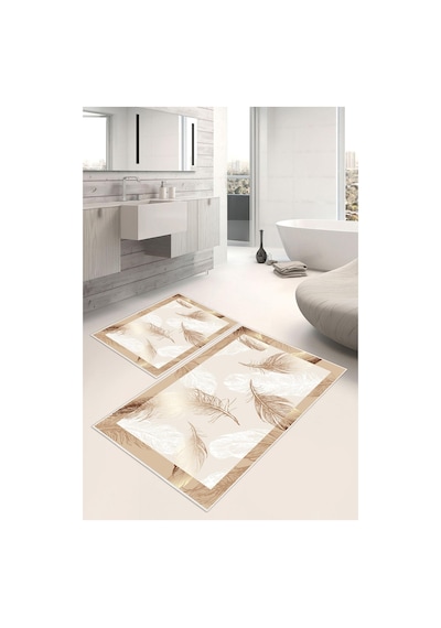 Dijital Baskı Tüy Desen Kaymaz Taban 2li Set Banyo Paspası Klozet Takımı 50x60cm-60x100cm Krem
