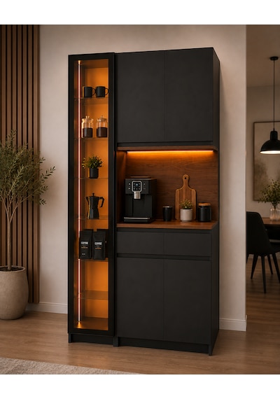 Noir Antrasit Kahve Köşesi Dolabı Led Aydınlatmalı Reflekte Camlı 2 Çekmeceli 200x100x40 Cm Antrasit Ve Ahşap Noir Antrasit Kahve Köşesi Dolabı Led Aydınlatmalı Reflekte Camlı 2 Çekmeceli 200x100x40 Cm Antrasit Ve Ahşap