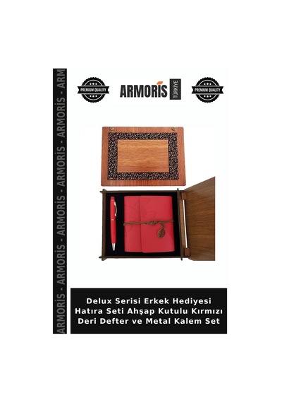Delux Serisi Erkek Hediyesi Hatıra Seti Ahşap Kutulu Kırmızı Deri Defter Ve Metal Kalem Set Çok Renkli