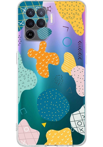 Oppo A94 Uyumlu Kamera Korumalı Geometrik Şekiller Tasarımlı Şeffaf Kılıf Şeffaf