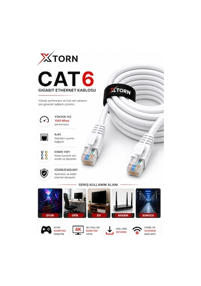 Torn Cat6 Ethernet Kablosu 1 Metre Rj45 Lan İnternet Modem Router Bilgisayar Kablosu