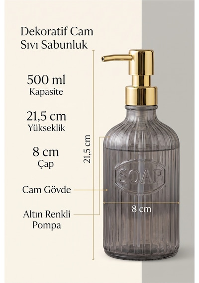 Glassy Dekoratif Cam Sabunluk Gold Pompalı Vintage Çizgili Sıvı Sabun Ve Deterjan Dispenseri - 21.5 Cm X 8 Cm - Siyah