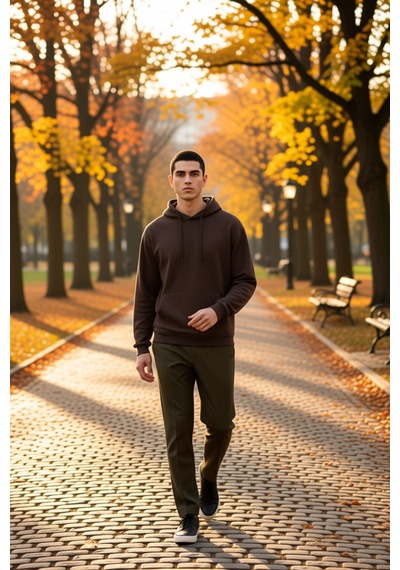 Benerly Erkek Kapüşonlu Düşük Kol Uzun Kollu Oversize Kalıp Sweatshirt Fo Koyu Kahverengi