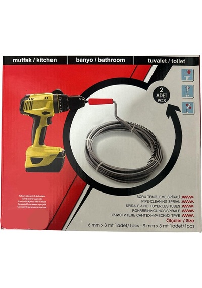 Lavabo Gider Kanal Açıcı Sprali Matkaplı Susta 6mm 3mt + 9mm 3mt