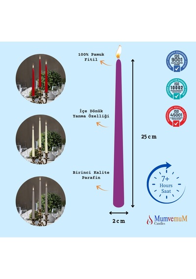 4 Lu Mor Konik Şamdan Mum Mor