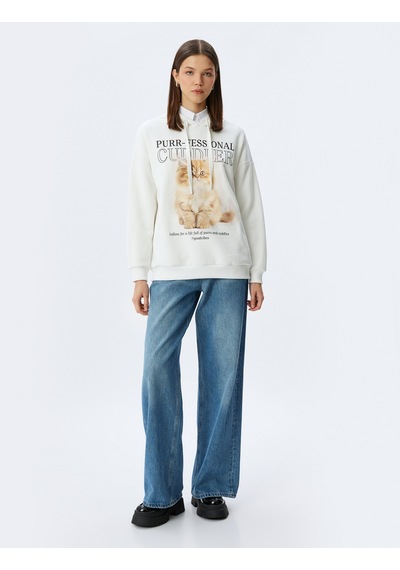 Koton Kedi Baskılı Kapüşonlu Rahat Kalıp Şardonlu Sweatshirt Ekru 5wal10590ık Ekru