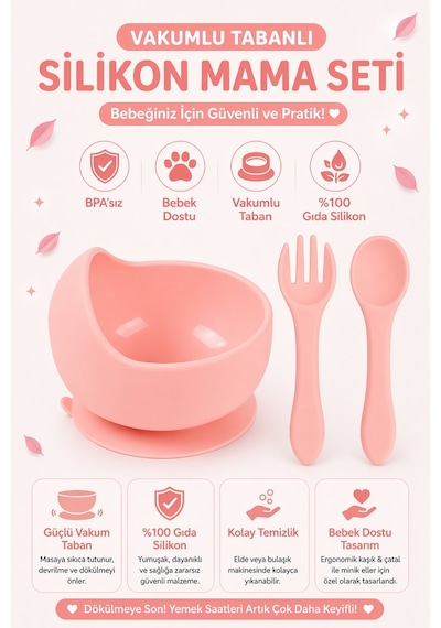 Jojobebek Vakumlu Silikon Mama Kasesi, Altı Vakumlu Mama Kasesi, Silikon Kaşık Ve Çatal / Pembe