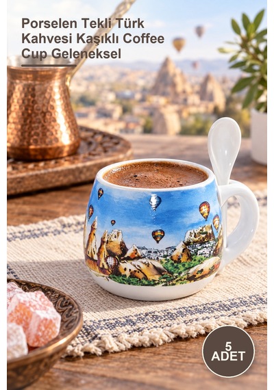 5 Adet Kaşıklı Yöresel Kahve Fincanı Porselen Tekli Türk Kahvesi Kaşıklı Coffee Cup Geleneksel Diğer