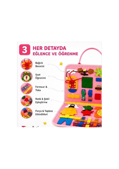 TİNEKE 3+ Yaş Keçe Eğitim Kitabı Montessori Eğitici Aktivite Oyuncağı Beceri ve Zeka Geliştirici Çocuk Kitabı 4 SAYFA PEMBE - İNG