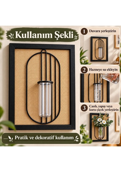 Siyah Ahşap Çerçeveli Hasır Zeminli Metal Detaylı Tüp Vazolu Dekoratif Duvar Tablosu - 21x30 Cm Çok Renkli Siyah Ahşap Çerçeveli Hasır Zeminli Metal Detaylı Tüp Vazolu Dekoratif Duvar Tablosu - 21x30 Cm Çok Renkli