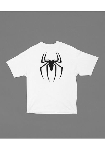 Spider-man Logo Baskılı Tişört, Oversize Marvel Tişört Beyaz