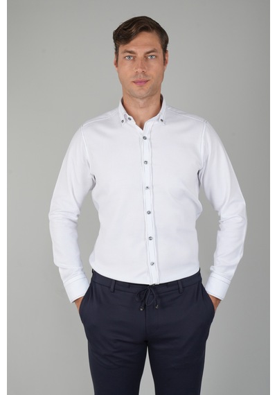 Bisse Erkek Uzun Kollu Regular Fit Haki Dikişli Beyaz Gömlek Gmoks252137 D01 Beyaz