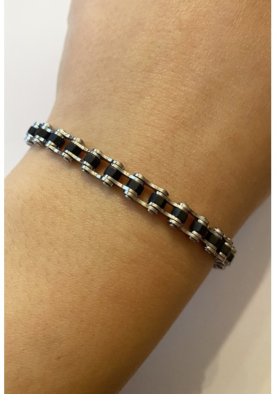 Erkek Siyah Renk Detay Zincir Model Çelik Bileklik Silver