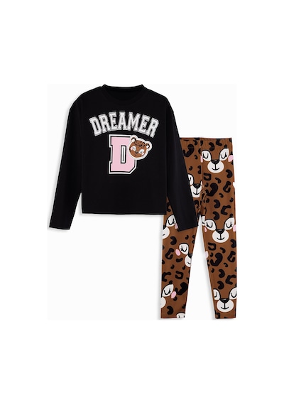 Kız Çocuk Kışlık Leopar Desenli Pamuklu Siyah Uzun Kollu Crop T-Shirt Tayt Takımı 5-10 Yaş