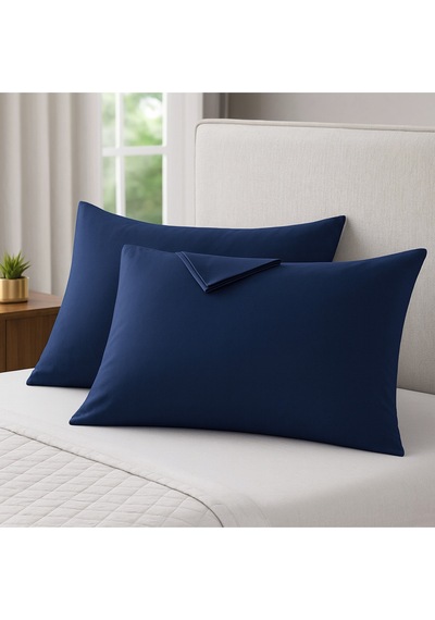 Lacivert Pamuk Kumaş Kapaklı Yastık Kılıfı 2 Adet 50 X 70 Cm