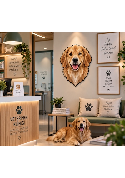Geometrik Golden Retriever Mdf Duvar Dekoru Uv Baskılı Köpek Figürü Mdf Tablo