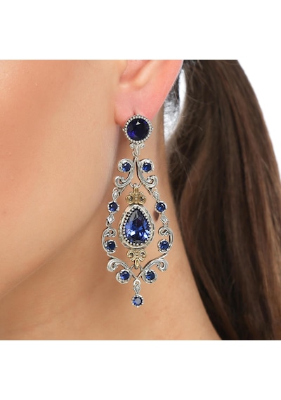 925 Ayar Gümüş ve Bronz Karışımı Mavi Safir Taşlı Otantik Küpe