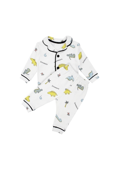 Bebegen Unisex Ekru Renkli Dinazor Desenli Kruvaze Yaka Pijama Takımı Çok Renkli