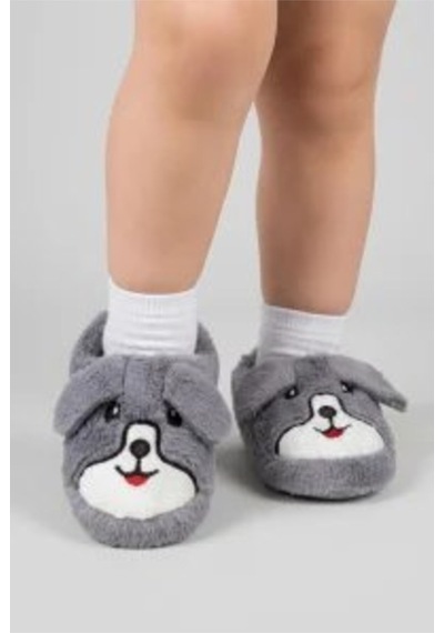Modafocus Çocuk Köpekli Peluş Panduf - Gri Gri