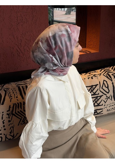 Qalortex Scarf Pamuklu Soft Roza Desen Eşarp-gumus/gul Kurusu gül kurusu