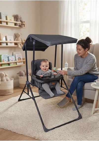 Yatarlı Tenteli Mama Tablalı Katlanır Keten Kumaş Ev Tipi Salıncak & Mama Sandalyesi