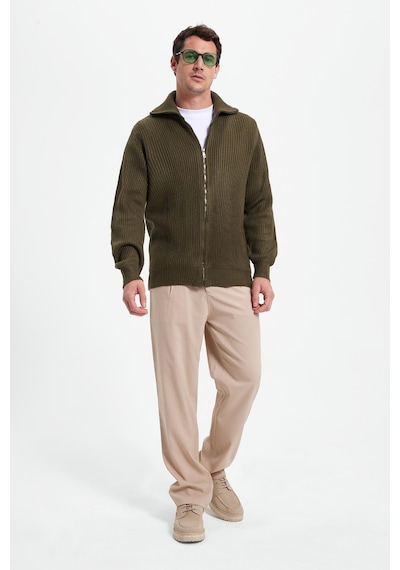 Tudors Erkek Slim Fit Dik Yaka Fermuarlı Haki Düz Hırka-42317 Haki