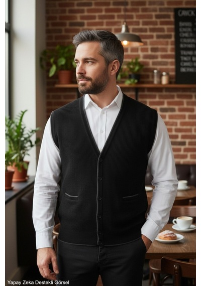 Kamalı Siyah Erkek V Yaka Triko Düğmeli Cepli Çizgi Desenli Regular Fit Tüylenmeyen Örgü Yelek Siyah