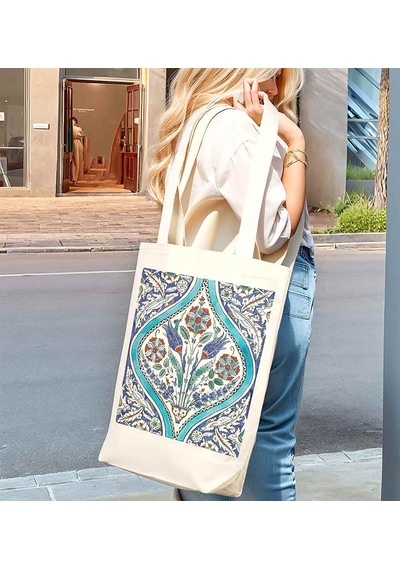 Türk El Sanatları İç Cepli Körüklü Örgü Kulplu Kanvas Çanta 35x40x10 Cm - No.04 Beyaz - Siyah