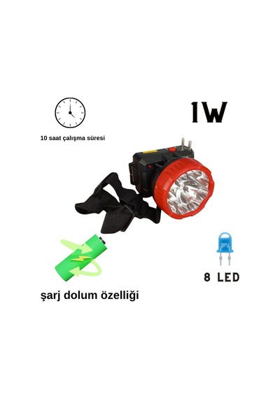 Ultra Güçlü 1w 8led Düşük 10 Yüksek 5 Saate Kadar Çalışma Süreli Kafa Lambası Kırmızı