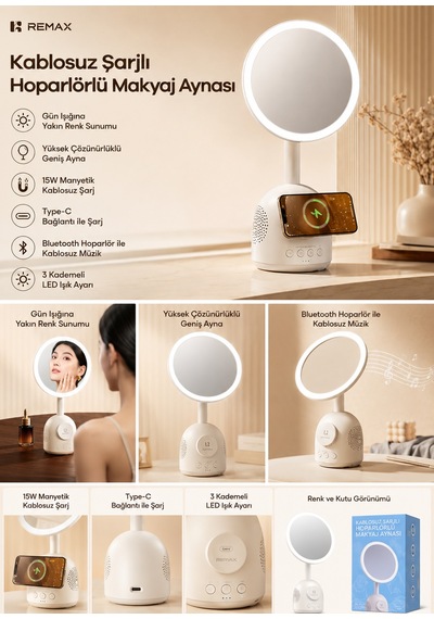 3'ü 1 Ara Makyaj Aynalı Led Masa Lambası - 15w Magsafe Kablosuz Şarj & Bluetooth Hoparlör Rt-e210