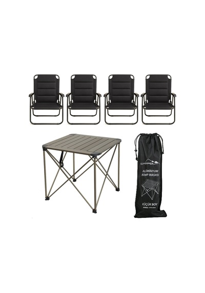 Yekoutdoor Katlanabilir Küçük Alüminyum Kamp Masası Ve 4 Kişilik Konforlu Kamp Sandalyesi Seti Siyah
